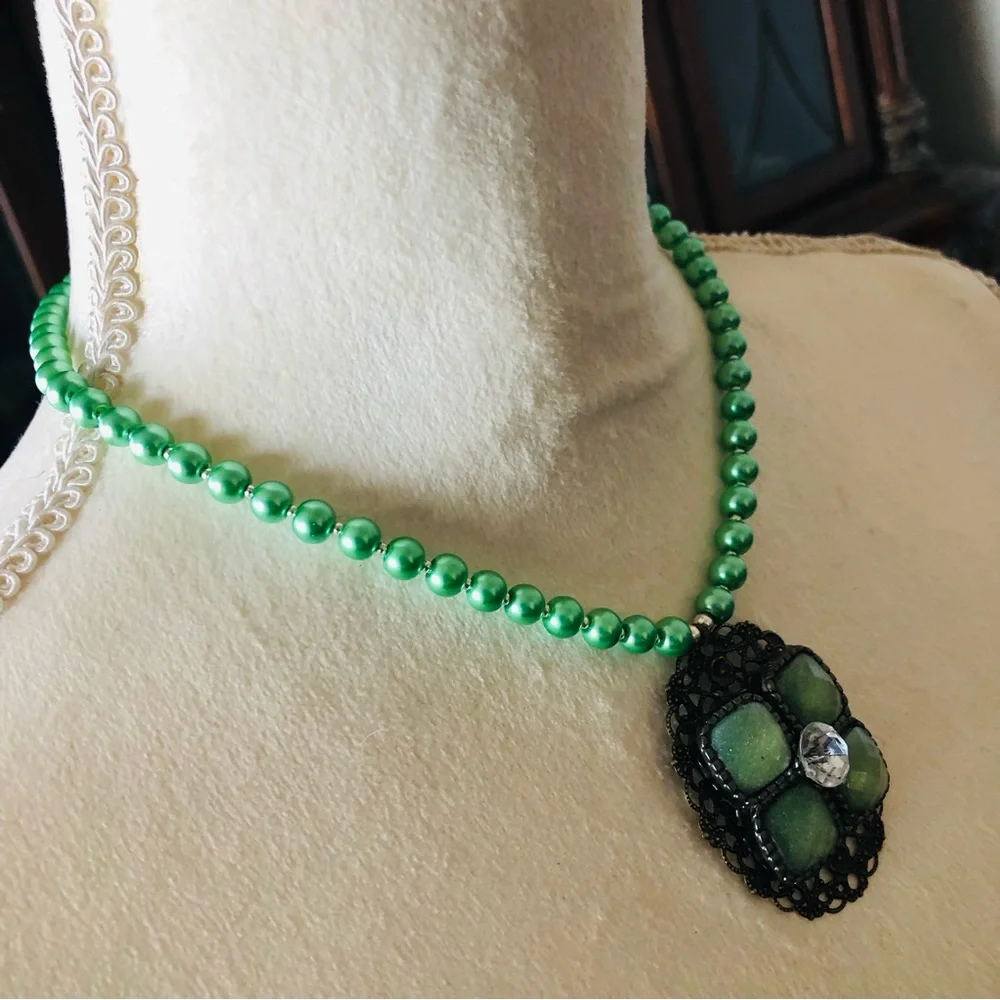 Handcrafted repurpose speckle green glass pendant Czech glass Pearl necklace